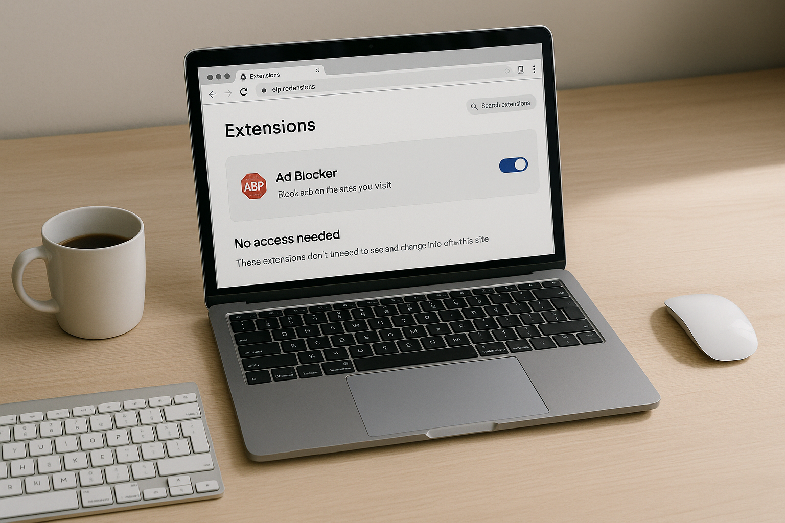 Chrome extensions page open showing an ad blocker enabled