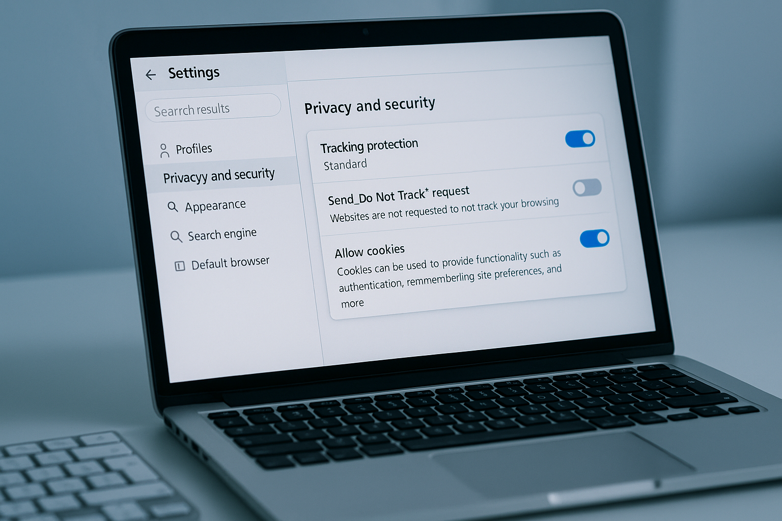 Laptop browser privacy settings page on tidy desk workspace.