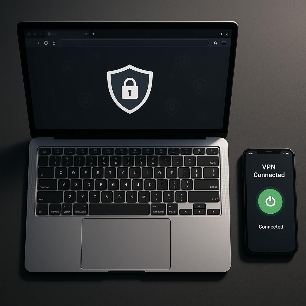 Laptop with private browser next to phone running VPN app.