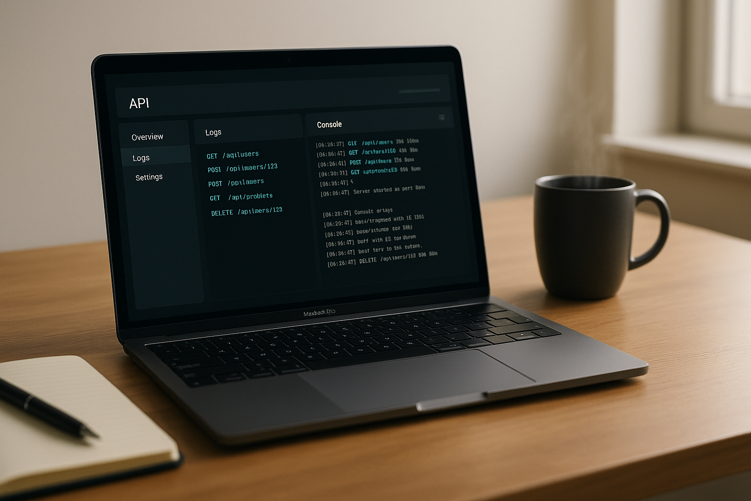 Laptop displaying AI API dashboard on a minimalist work desk.