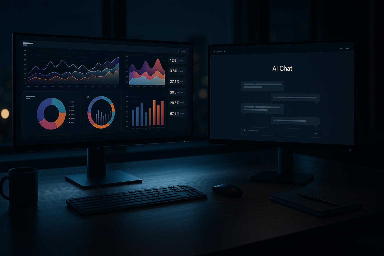 Dual monitors showing AI workflow and performance metrics side by side.