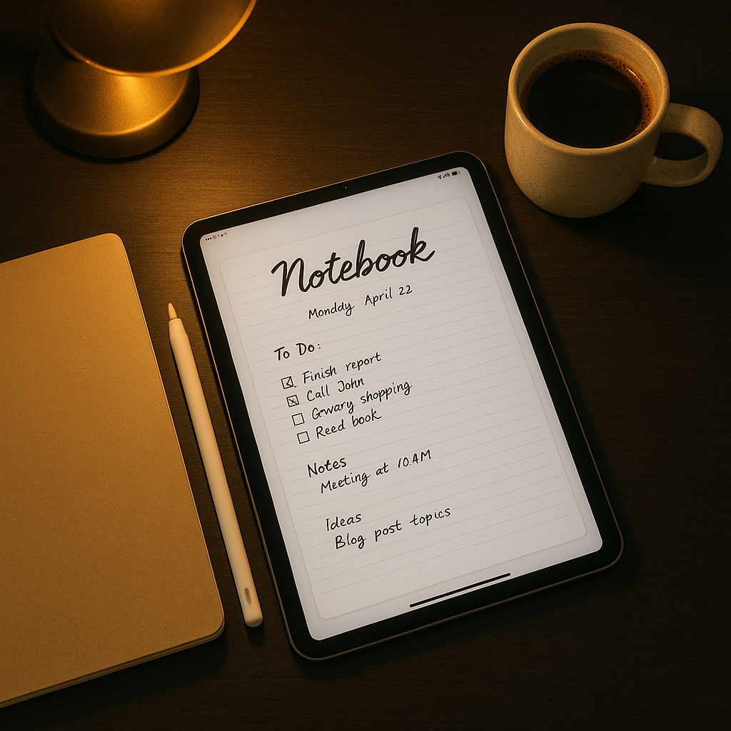 iPad on desk with handwritten digital notes and Apple Pencil