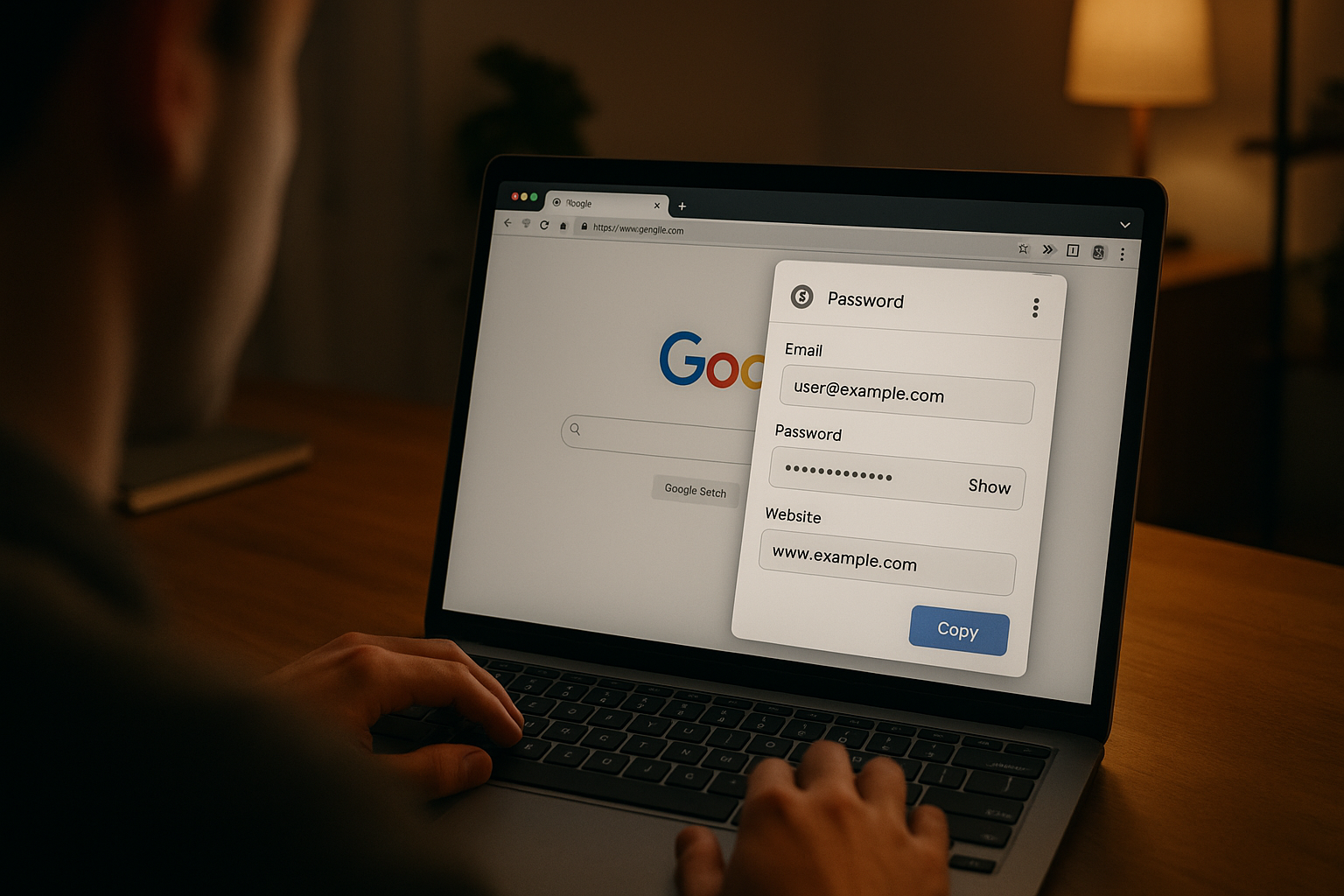 Laptop running Chrome with password manager extension popup open