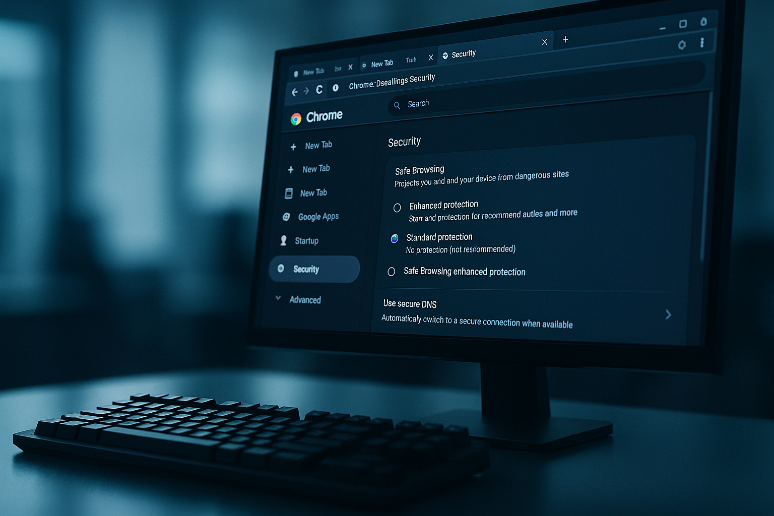 Desktop monitor showing Chrome security tools and settings