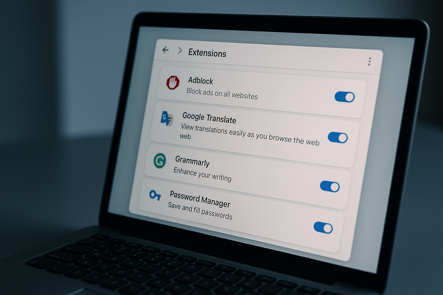 Chrome extensions settings page open on laptop screen