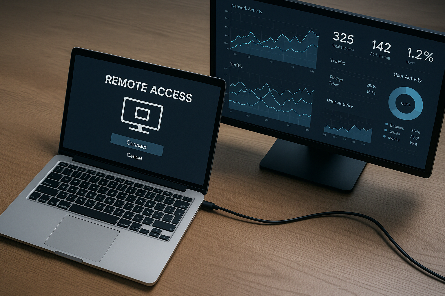 Laptop running remote access software with network graphs beside it.